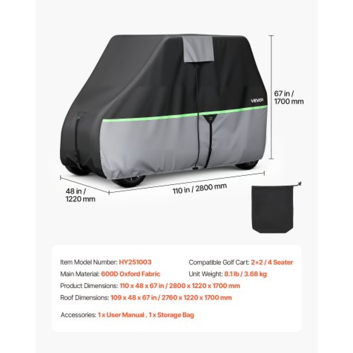 Κάλυμμα VEVOR Golf Cart, Full Coverage 2+2/4 Passenger Golf Cart, 600D αδιάβροχο Oxford Fabric Club Car Cover που ταιριάζει στα περισσότερα Carts Club Car, Yamaha, EZGO, Honda, PU Coating & Three Zipper Doors