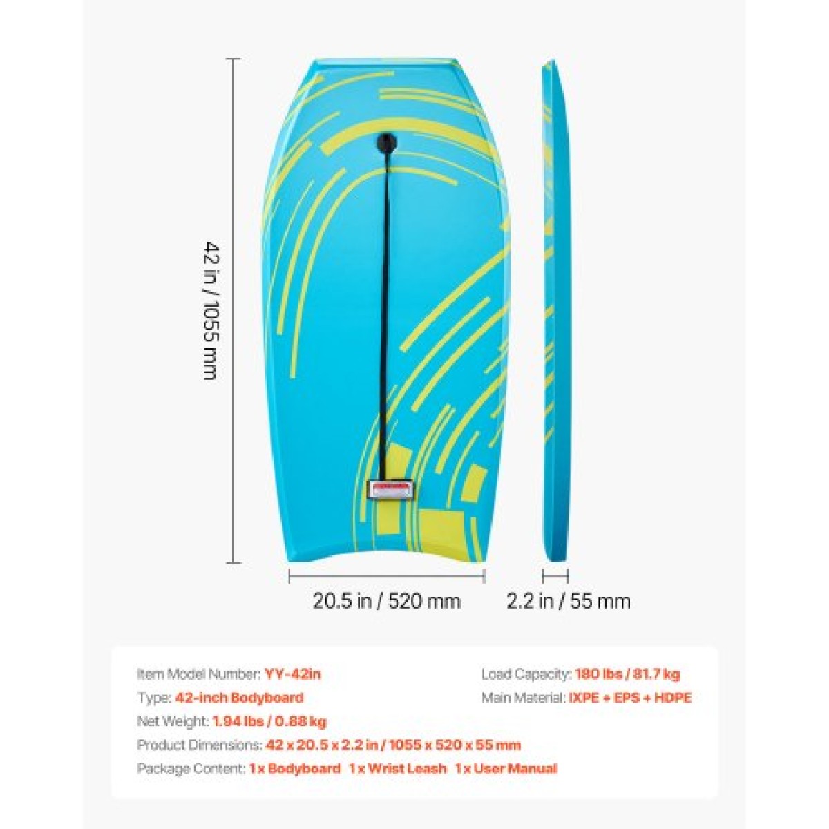 VEVOR 1055mm Bodyboard, Body Board Trainer με EPS Foam Core & Wrist Leash, UV-Resistant Bodyboard για αρχάριους, νέους έως 82 κιλά