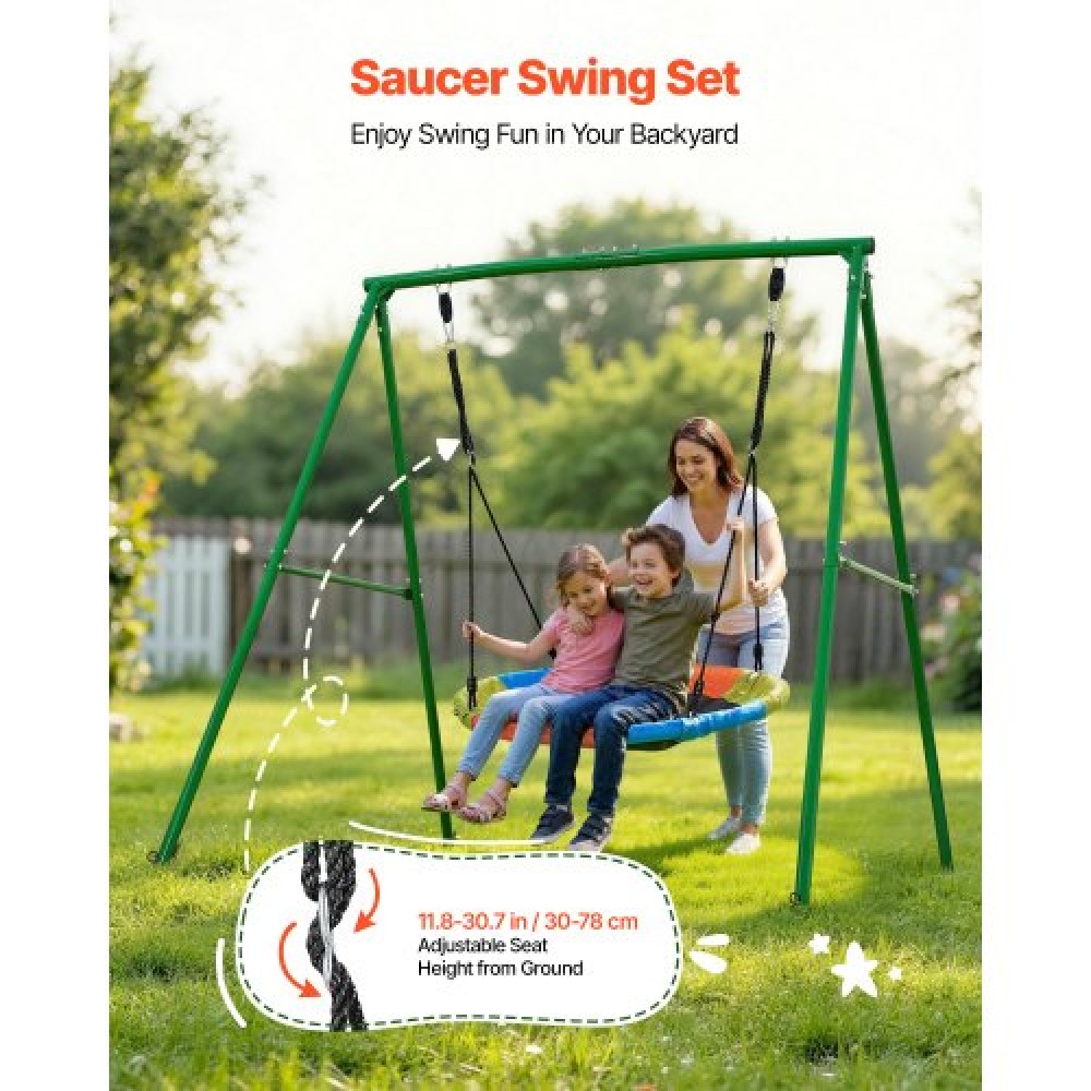 Σετ κούνιας VEVOR για πίσω αυλή, 100 εκ. Πιατάκι Swing Seat με Heavy Duty A-Frame Metal Stand, 199,6 kg χωρητικότητα φόρτωσης, Ενισχυμένο με σπειροειδείς άγκυρες εδάφους, Swingset Outdoor για παιδιά, πράσινο και πολύχρωμο