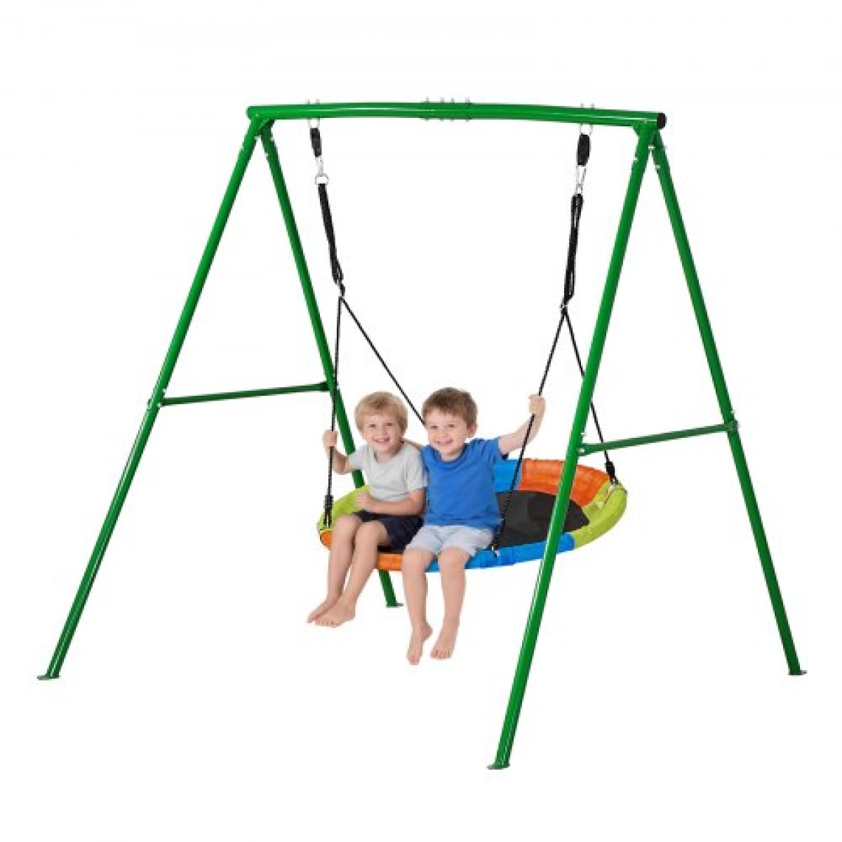 Σετ κούνιας VEVOR για πίσω αυλή, 100 εκ. Πιατάκι Swing Seat με Heavy Duty A-Frame Metal Stand, 199,6 kg χωρητικότητα φόρτωσης, Ενισχυμένο με σπειροειδείς άγκυρες εδάφους, Swingset Outdoor για παιδιά, πράσινο και πολύχρωμο