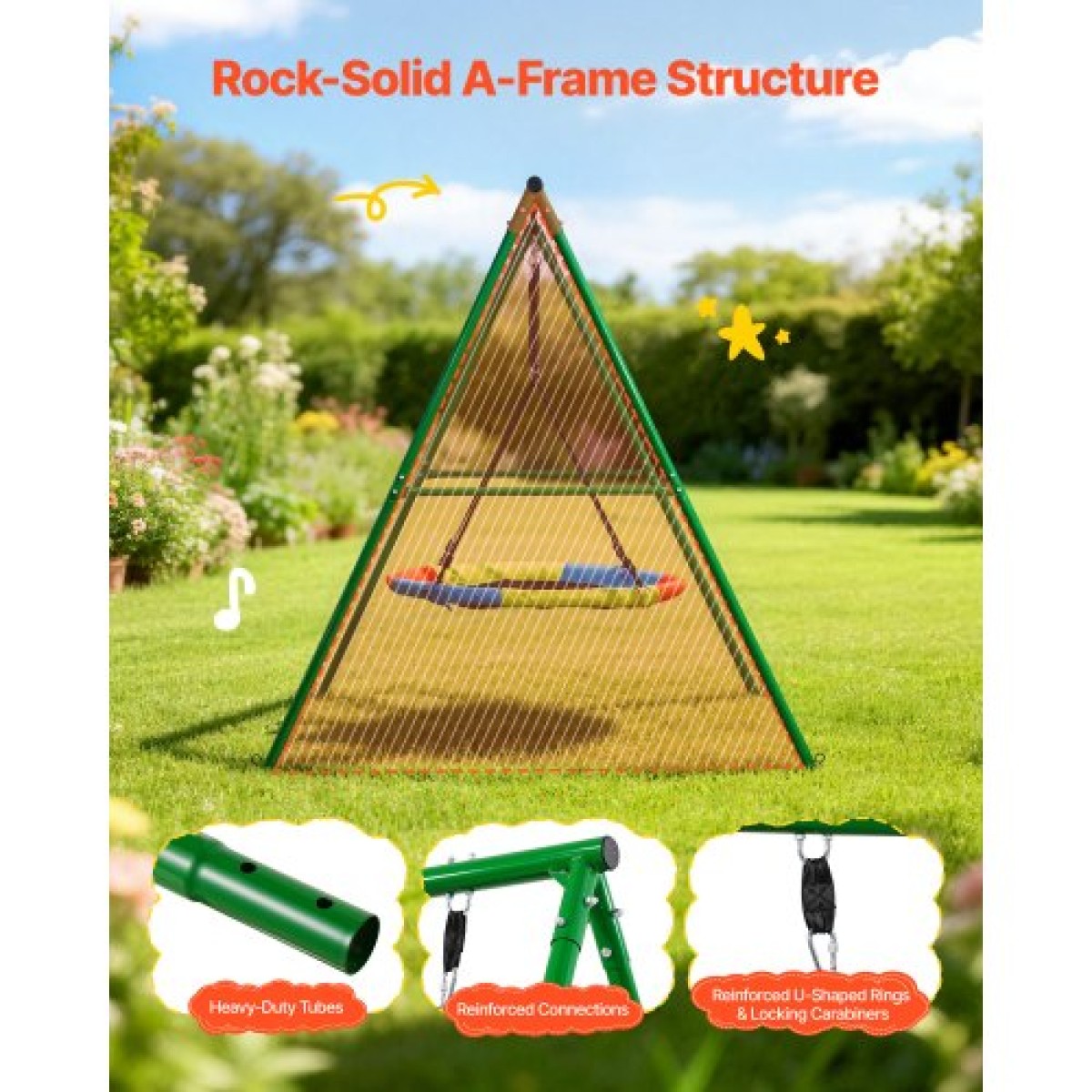 Σετ κούνιας VEVOR για πίσω αυλή, 100 εκ. Πιατάκι Swing Seat με Heavy Duty A-Frame Metal Stand, 199,6 kg χωρητικότητα φόρτωσης, Ενισχυμένο με σπειροειδείς άγκυρες εδάφους, Swingset Outdoor για παιδιά, πράσινο και πολύχρωμο