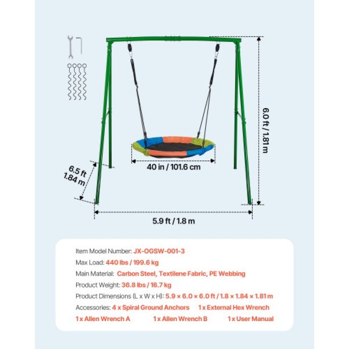 Σετ κούνιας VEVOR για πίσω αυλή, 100 εκ. Πιατάκι Swing Seat με Heavy Duty A-Frame Metal Stand, 199,6 kg χωρητικότητα φόρτωσης, Ενισχυμένο με σπειροειδείς άγκυρες εδάφους, Swingset Outdoor για παιδιά, πράσινο και πολύχρωμο