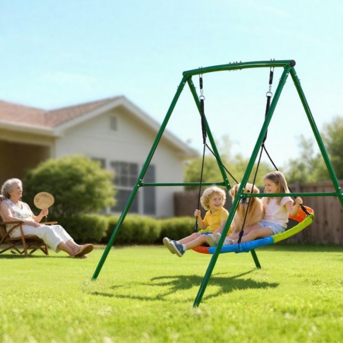 Σετ κούνιας VEVOR για πίσω αυλή, 100 εκ. Πιατάκι Swing Seat με Heavy Duty A-Frame Metal Stand, 199,6 kg χωρητικότητα φόρτωσης, Ενισχυμένο με σπειροειδείς άγκυρες εδάφους, Swingset Outdoor για παιδιά, πράσινο και πολύχρωμο