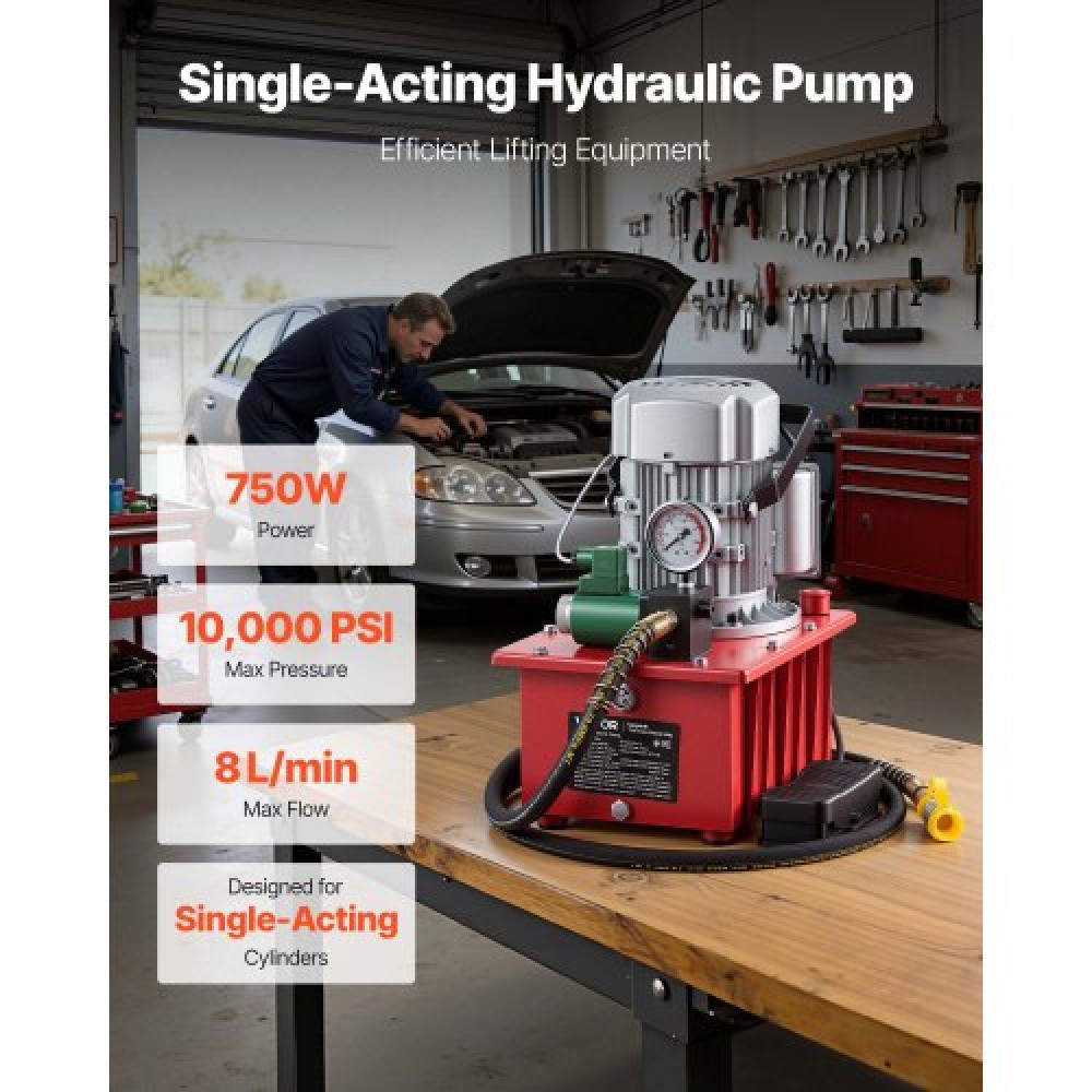 VEVOR Electric Driven Hydraulic Pump, 750W 10,000 PSI, Single Acting Hydraulic Pump Power Pack Unit, Solenoid Valve with Pedal Switch, 2.1 Gal / 8L, for Punching, Bending, Single Acting Cylinders