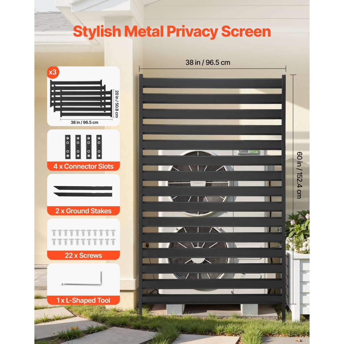VEVOR Metal Privacy Screen, 96 x 152,4cm Ανεξάρτητος Μοντέρνος φράχτης Privacy, Διαιρέτης κήπου με εκτεταμένους πάσσαλους εδάφους & ρυθμιζόμενο ύψος πάνελ, ανεξάρτητο εξωτερικό διαχωριστικό για κήπο, εσωτερικό