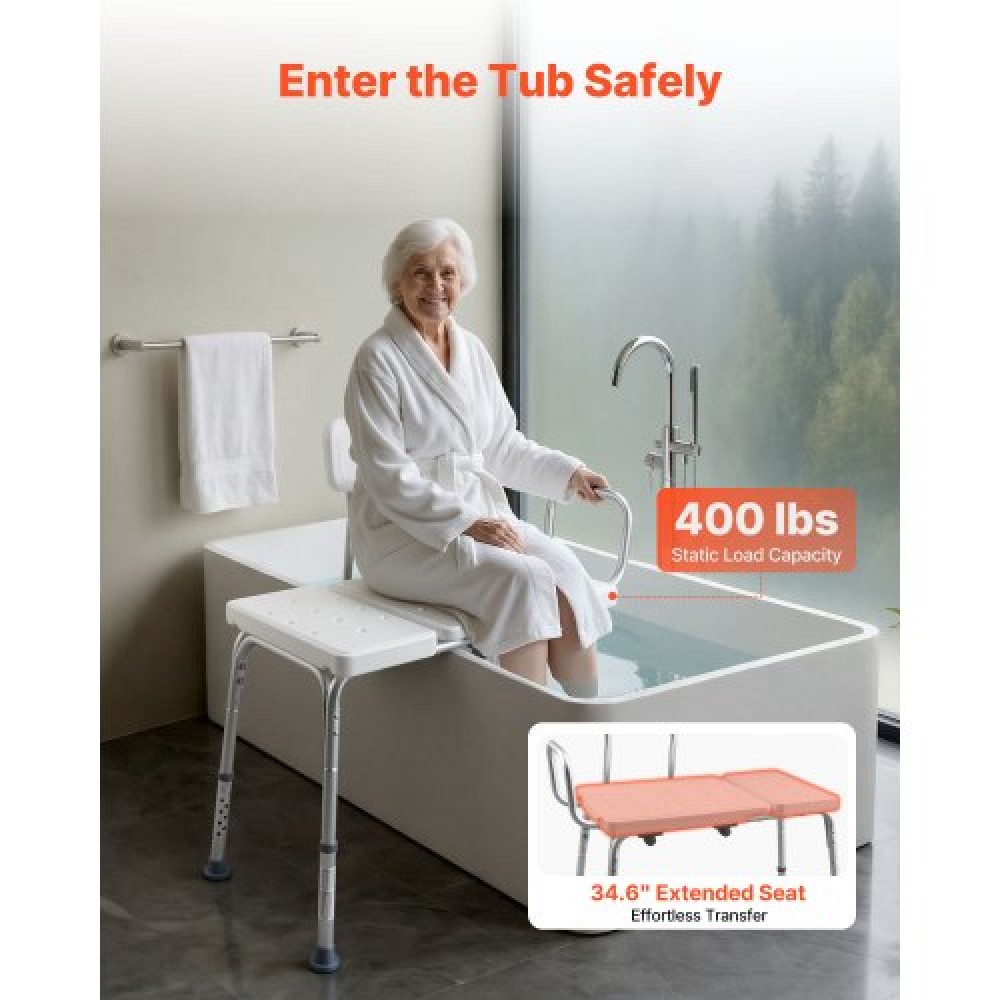 VEVOR Tub Transfer Bench for Bathtub, 180 kg Capacity Heavy Duty Shower Chair with Arm, Backrest and Curtain Slot, Height Adjustable Shower Bench Bath Seat for Adults, Seniors, Elderly and Disabled