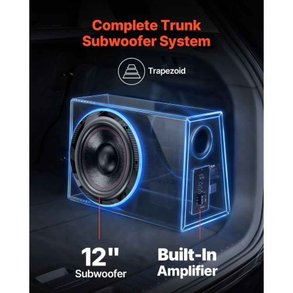 Πακέτο VEVOR Subwoofer Bass, 305mm, 245W RMS, Πλήρες πακέτο υπογούφερ και ενισχυτή αυτοκινήτου, με φορτωμένο περίβλημα, ενσωματωμένο ενισχυτή και κιτ καλωδίωσης, Slim Trapezoid, Compact για συστήματα ήχου αυτοκινήτου