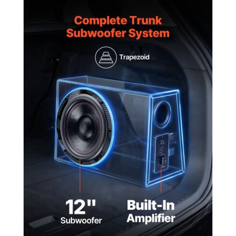 Πακέτο VEVOR Subwoofer Bass, 305mm, 245W RMS, Πλήρες πακέτο υπογούφερ και ενισχυτή αυτοκινήτου, με φορτωμένο περίβλημα, ενσωματωμένο ενισχυτή και κιτ καλωδίωσης, Slim Trapezoid, Compact για συστήματα ήχου αυτοκινήτου