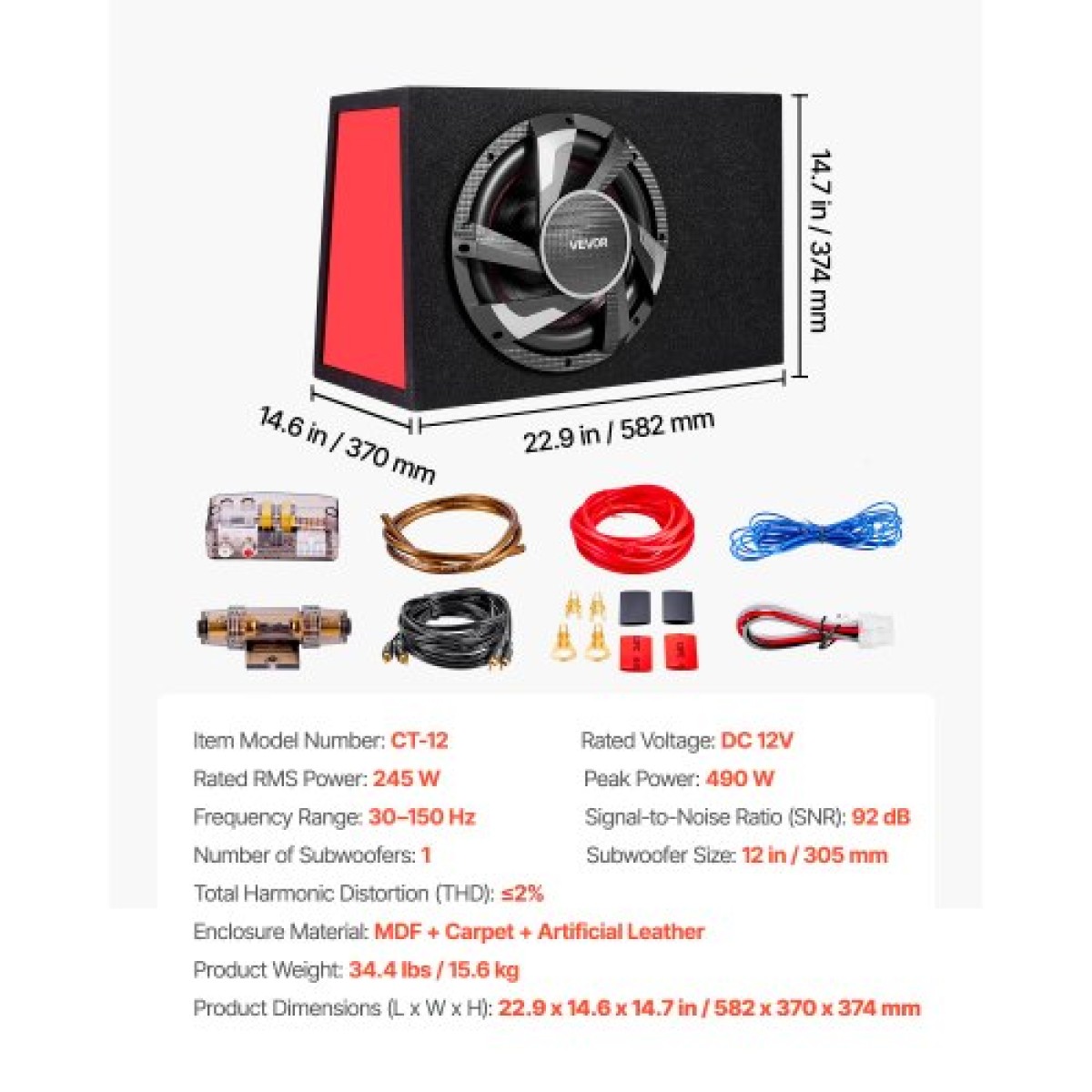 Πακέτο VEVOR Subwoofer Bass, 305mm, 245W RMS, Πλήρες πακέτο υπογούφερ και ενισχυτή αυτοκινήτου, με φορτωμένο περίβλημα, ενσωματωμένο ενισχυτή και κιτ καλωδίωσης, Slim Trapezoid, Compact για συστήματα ήχου αυτοκινήτου