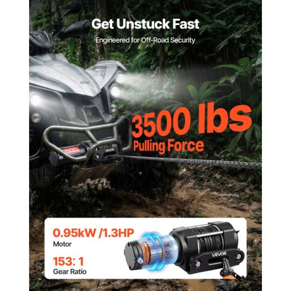 VEVOR 1587 kg Ηλεκτρικό βαρούλκο, βαρούλκο 12V DC ATV/UTV με Φ5,5 mm x 10 m Συνθετικό Σχοινί & Ενσύρματο Τηλεχειριστήριο, IP55 Αδιάβροχο, Πλάκα στήριξης Fairlead περίβλημα αλουμινίου για ρυμούλκηση ATV, μαύρο