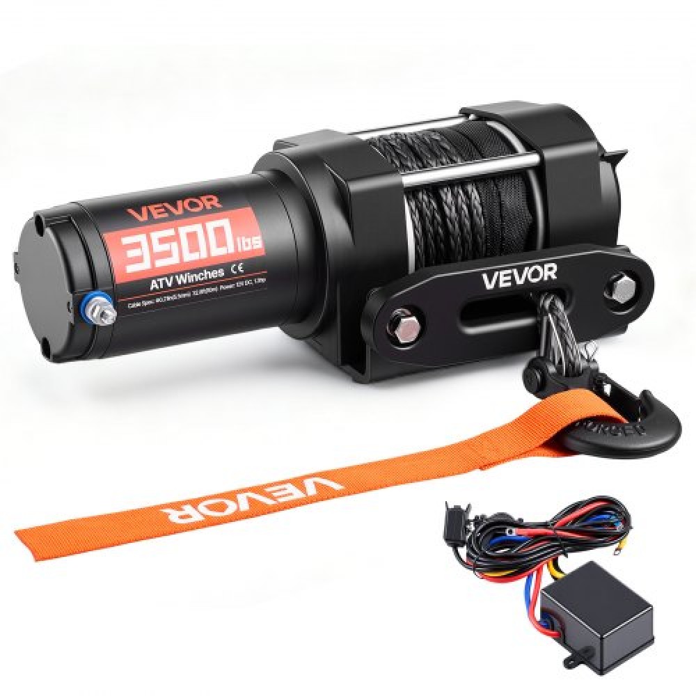 VEVOR 1587 kg Ηλεκτρικό βαρούλκο, βαρούλκο 12V DC ATV/UTV με Φ5,5 mm x 10 m Συνθετικό Σχοινί & Ενσύρματο Τηλεχειριστήριο, IP55 Αδιάβροχο, Πλάκα στήριξης Fairlead περίβλημα αλουμινίου για ρυμούλκηση ATV, μαύρο