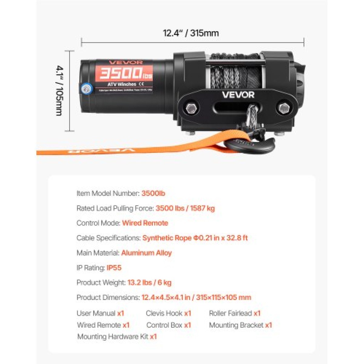 VEVOR 1587 kg Ηλεκτρικό βαρούλκο, βαρούλκο 12V DC ATV/UTV με Φ5,5 mm x 10 m Συνθετικό Σχοινί & Ενσύρματο Τηλεχειριστήριο, IP55 Αδιάβροχο, Πλάκα στήριξης Fairlead περίβλημα αλουμινίου για ρυμούλκηση ATV, μαύρο