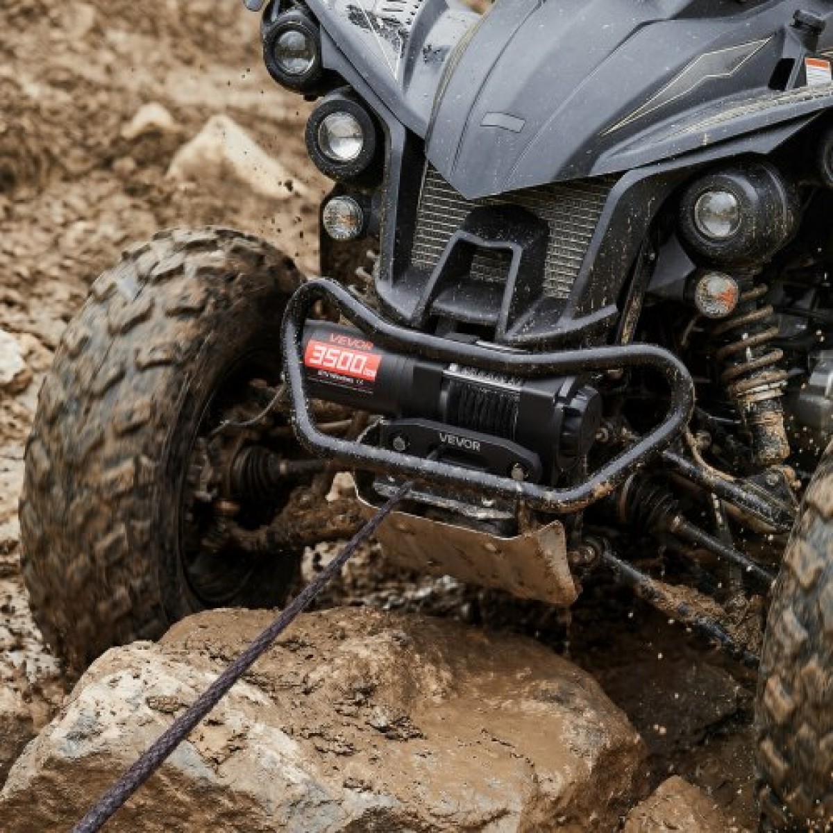 VEVOR 1587 kg Ηλεκτρικό βαρούλκο, βαρούλκο 12V DC ATV/UTV με Φ5,5 mm x 10 m Συνθετικό Σχοινί & Ενσύρματο Τηλεχειριστήριο, IP55 Αδιάβροχο, Πλάκα στήριξης Fairlead περίβλημα αλουμινίου για ρυμούλκηση ATV, μαύρο