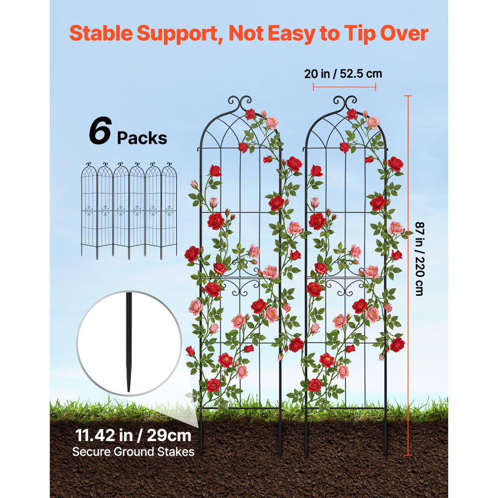 VEVOR Garden Trellis, 220 x 52,5 cm Rose Trellis, 6 Packs Garden Flower Rose Trellis with Powder-coated Finish & Convenient Locking Design, Plant Support Trellises for Flowers, Vegetables, Roses