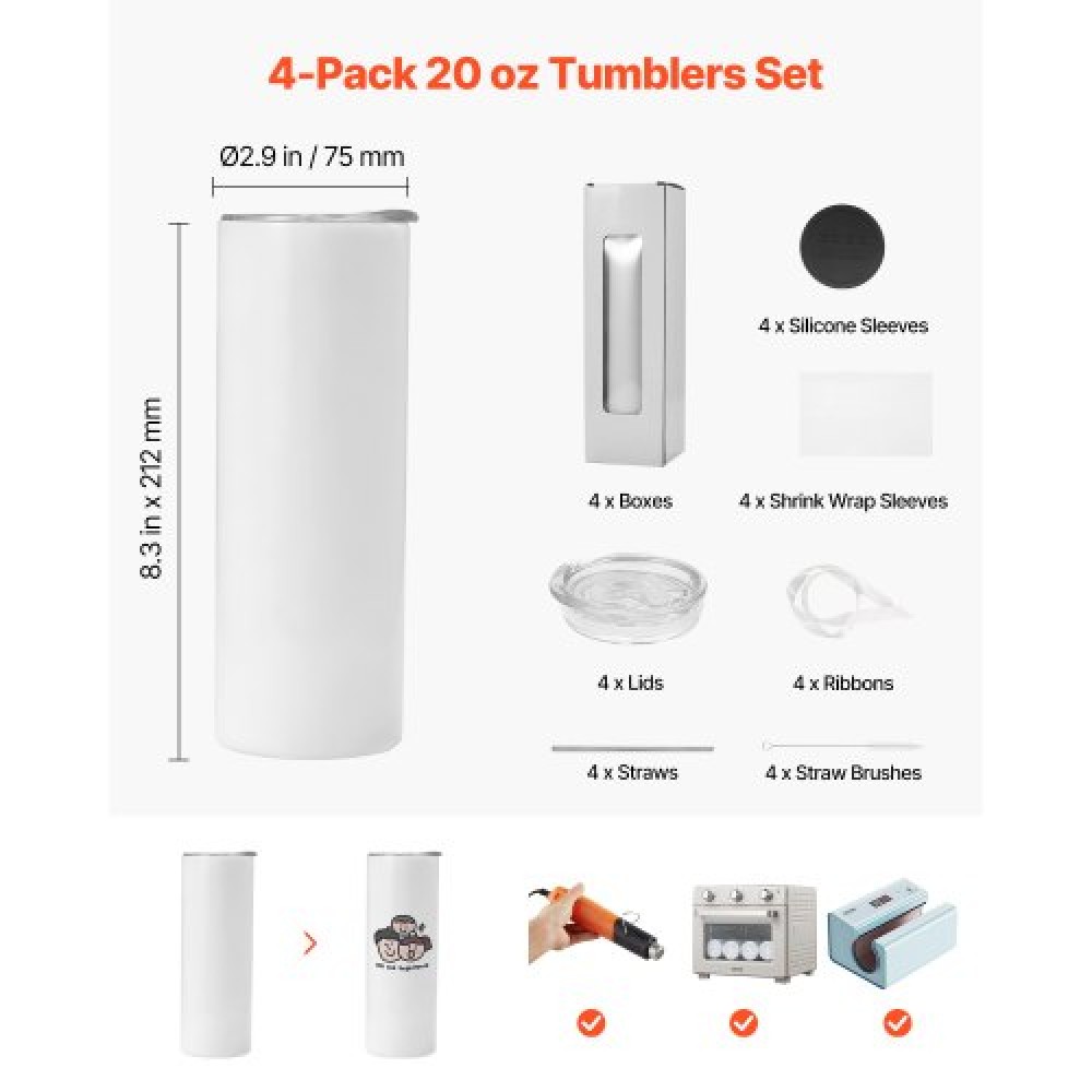 VEVOR Sublimation Tumblers, 4 Pack, 591 mL Skinny Straight Tumblers Bulk, Stainless Steel Sublimation Cups with Lids and Straws, Double Wall Insulated Tumbler Blank, for DIY Personalized Customization