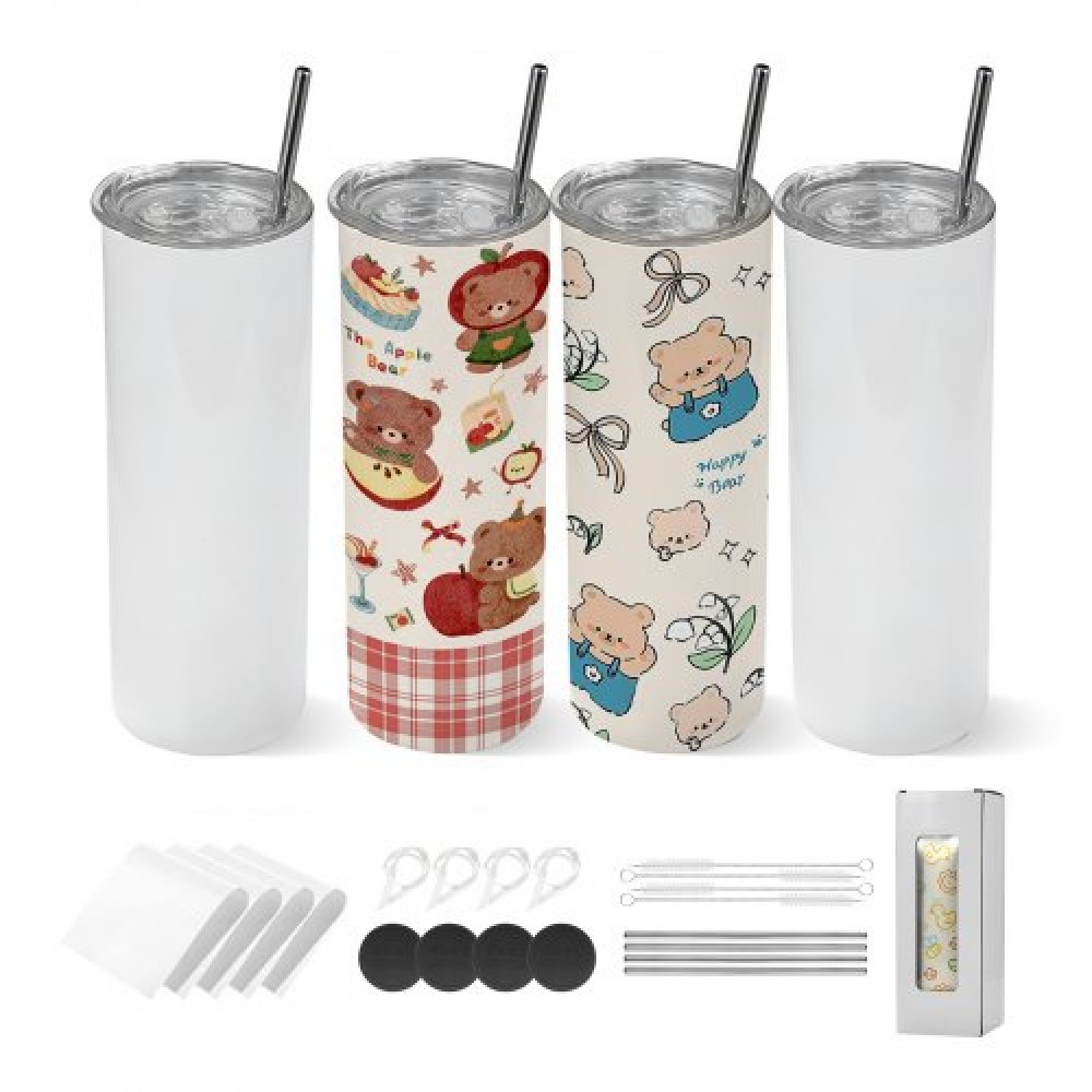 VEVOR Sublimation Tumblers, 4 Pack, 591 mL Skinny Straight Tumblers Bulk, Stainless Steel Sublimation Cups with Lids and Straws, Double Wall Insulated Tumbler Blank, for DIY Personalized Customization