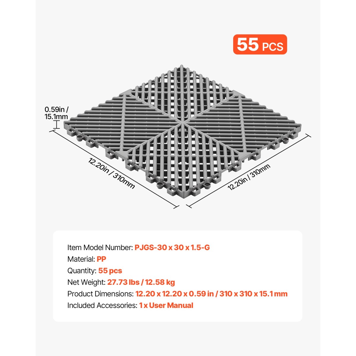 VEVOR Interlocking Drinage Mats, 310x310 mm, Πλακάκια δαπέδου γκαράζ, Αντιολισθητικό στρώμα ντους με πλακάκια δαπέδου αποστράγγισης PP, αυτοστραγγιζόμενο, εύκολη τοποθέτηση, για μπάνιο, κουζίνα, πισίνα & εξωτερικό χώρο, γκρι, 55 πακέτο
