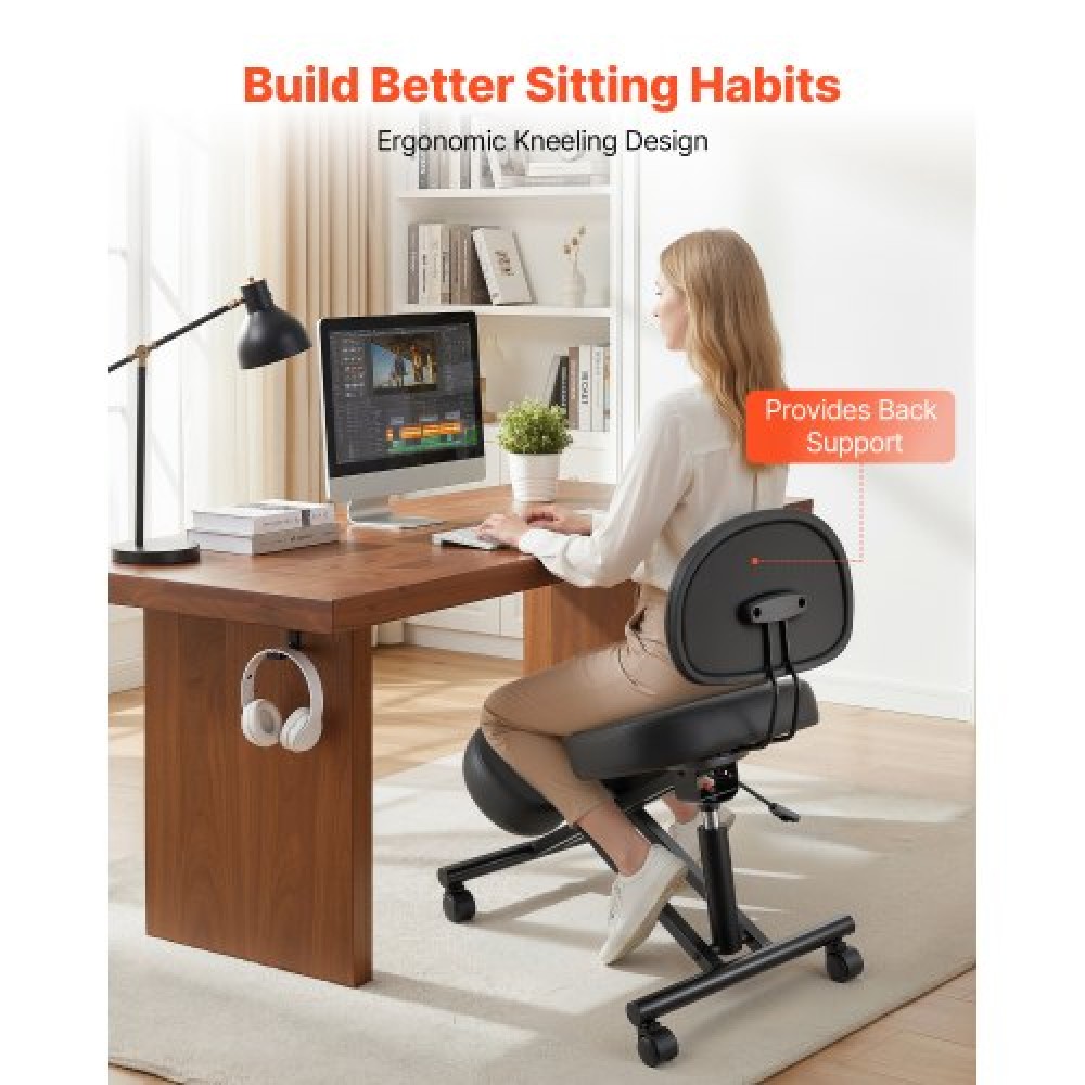 VEVOR Ergonomic Kneeling Chair with Backrest & Wheels, Mobile X-Shaped Posture Knee Chair with Adjustable Height & Thick Foam Cushions, Relief for Neck or Back Pain for Home, Office, Meditation, Black