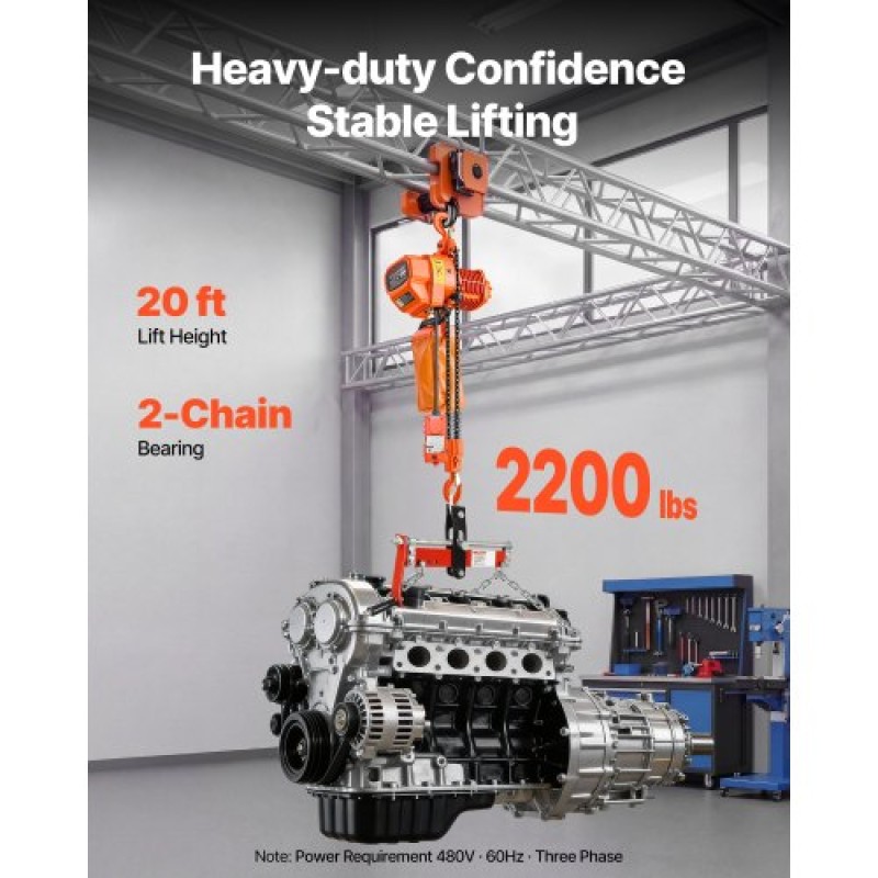 Ηλεκτρικός ανυψωτήρας αλυσίδας VEVOR 1000 kg, Ύψος ανύψωσης 6 m, Τριφασικός γερανός με ασύρματο 100 m & ενσύρματο τηλεχειριστήριο 4,5 m, Διπλός ανυψωτήρας αλυσίδας G80 για εργοστάσια, αποθήκες, γκαράζ