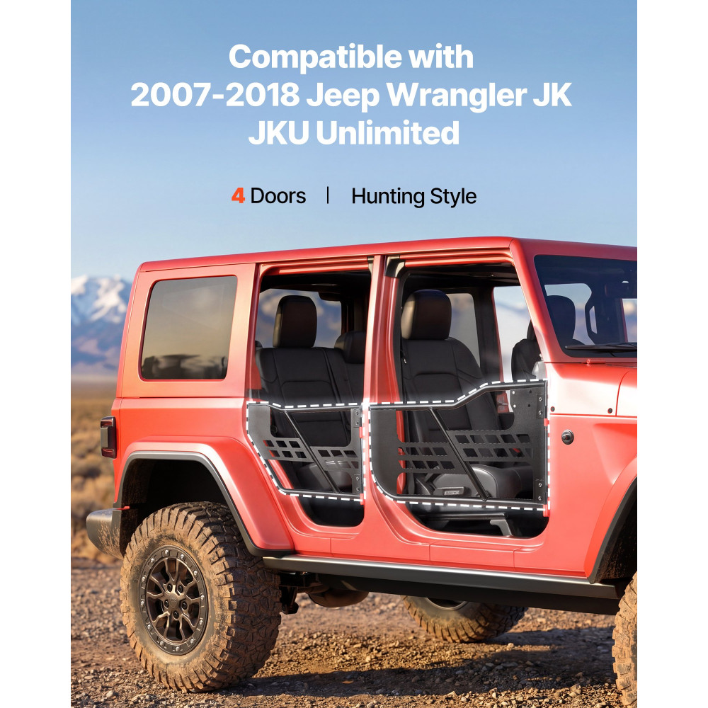 VEVOR Jeep Tube Doors, 4-θυρες, συμβατές με 2007-2018 Jeep Wrangler JK JKU Unlimited, Ατσάλινα εκτός δρόμου σωληνωτές μισές πόρτες με τσάντα αποθήκευσης, λαστιχένια μαξιλαράκια, μεντεσέδες βαρέως τύπου και μάνταλο OE