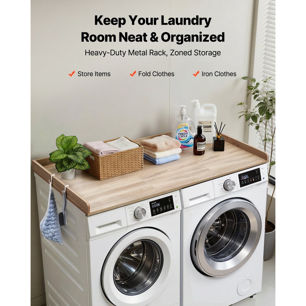 Πάγκος VEVOR Washer Dryer, 137 x 69,9 cm Ξύλινο Πλυντήριο ρούχων και Στεγνωτήριο με άκρο & 2 γάντζους, Αδιάβροχο Επάνω μέρος πλυντηρίου για ντουλάπα ρούχων Οργάνωση και αποθήκευση πάγκου ντουλαπιών, δρυς