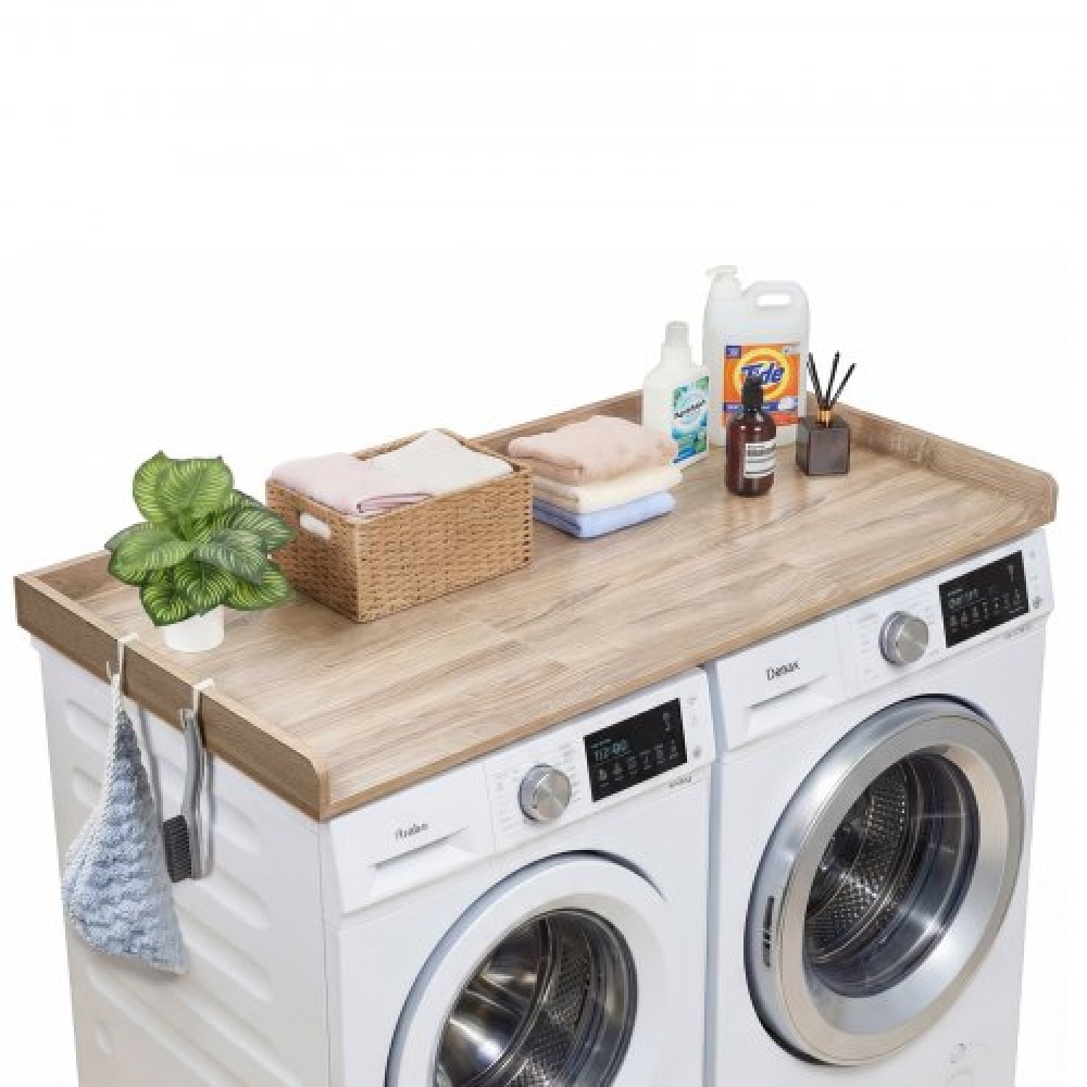Πάγκος VEVOR Washer Dryer, 137 x 69,9 cm Ξύλινο Πλυντήριο ρούχων και Στεγνωτήριο με άκρο & 2 γάντζους, Αδιάβροχο Επάνω μέρος πλυντηρίου για ντουλάπα ρούχων Οργάνωση και αποθήκευση πάγκου ντουλαπιών, δρυς