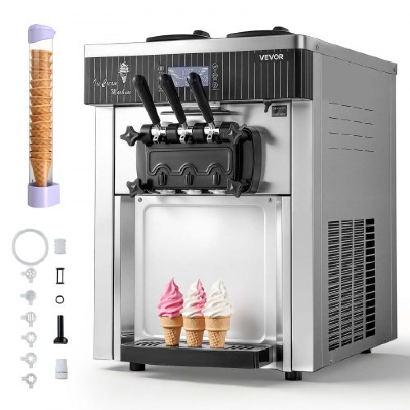 VEVOR Commercial Ice Cream Machine, 20-28L/H Yield, 2200W 3-Flavor Countertop Soft Serve Ice Cream Maker with 2 x 6L Hoppers & Hopper Agitation, Pre-Cooling Self-Cleaning for Snack Dessert Shops
