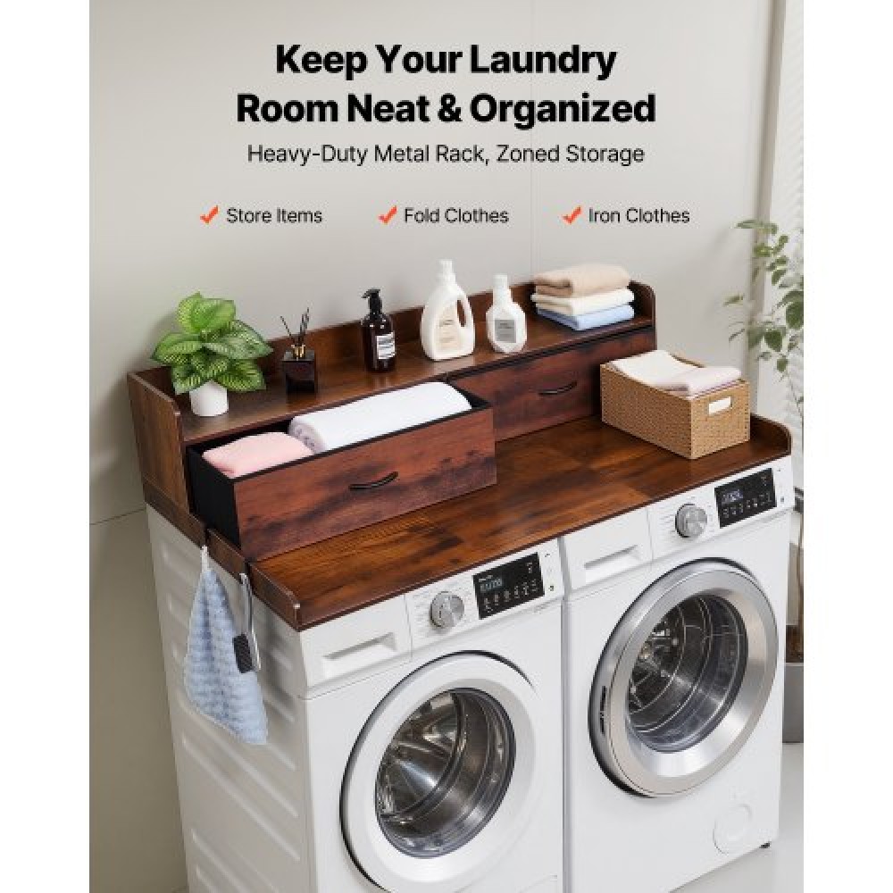 VEVOR Washer Dryer Countertop with Shelf, 137 x 69.9 cm Wooden Washer and Dryer Topper with 2 Drawers & Hooks, Laundry Machine Topper for Laundry Closet Pantry Counter Organization and Storage, Brown