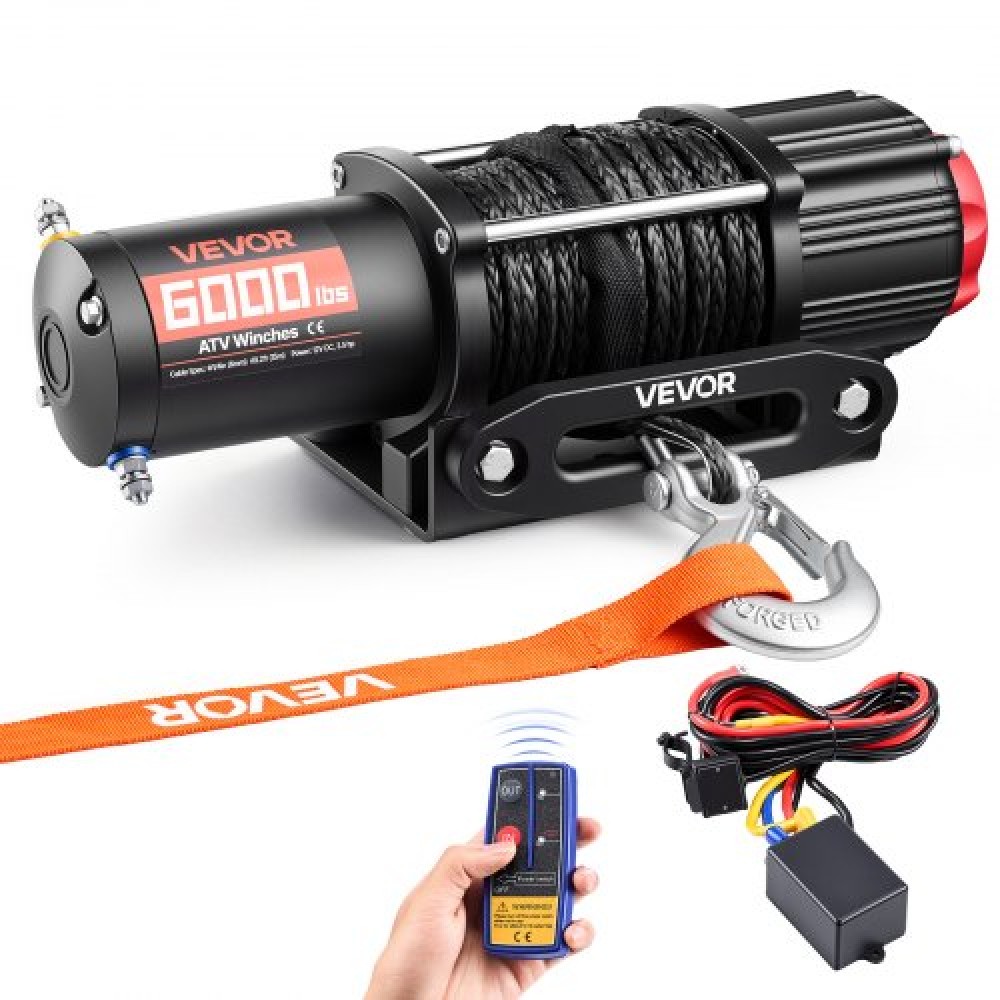 VEVOR 2721 kg Ηλεκτρικό βαρούλκο, βαρούλκο 12V DC ATV/UTV με Φ6 mm x 15 m συνθετικό σχοινί, ασύρματο & ενσύρματο τηλεχειριστήριο, IP55 αδιάβροχο, με πλάκα στήριξης Fairlead για ρυμούλκηση ATV UTV εκτός δρόμου