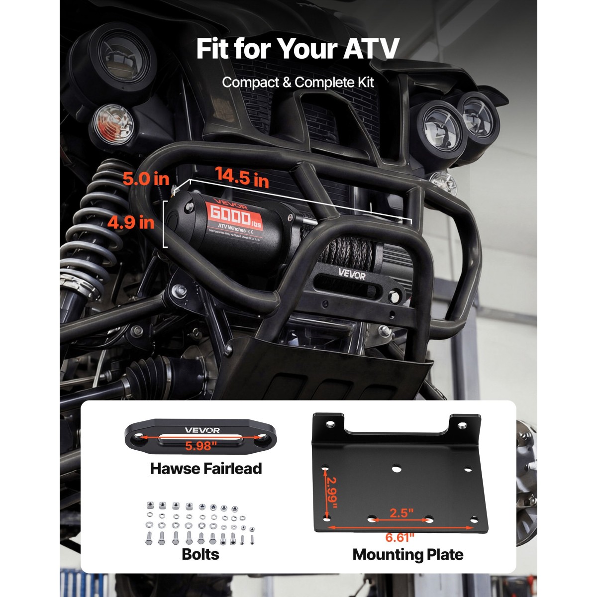 VEVOR 2721 kg Ηλεκτρικό βαρούλκο, βαρούλκο 12V DC ATV/UTV με Φ6 mm x 15 m συνθετικό σχοινί, ασύρματο & ενσύρματο τηλεχειριστήριο, IP55 αδιάβροχο, με πλάκα στήριξης Fairlead για ρυμούλκηση ATV UTV εκτός δρόμου