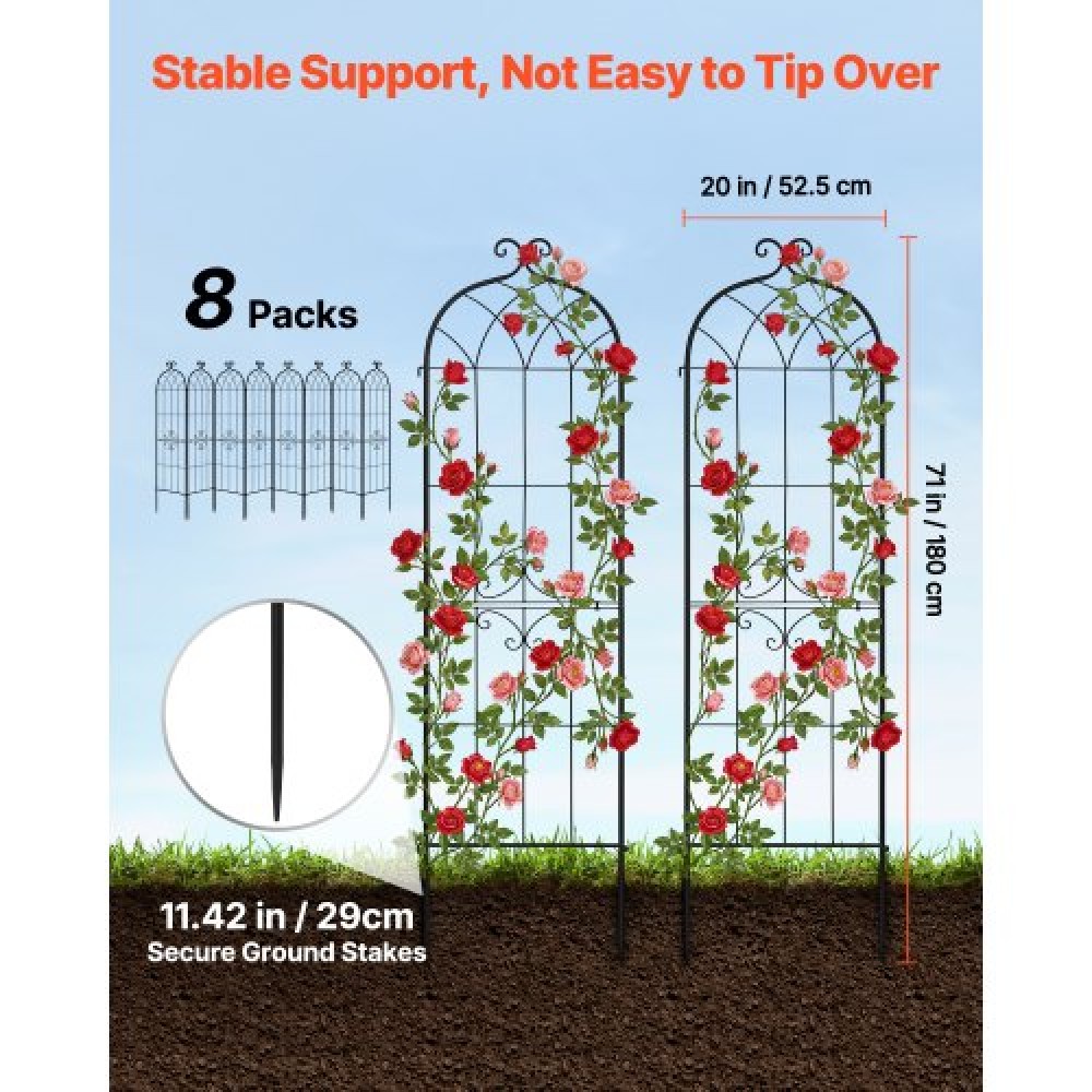 VEVOR Garden Trellis, 180 x 52.5 cm Rose Trellis, 8Packs Garden Flower Rose Trellises with Powder-Coated Finish & Convenient Locking Design, Plant Support Trellises for Flowers, Vegetables, Roses