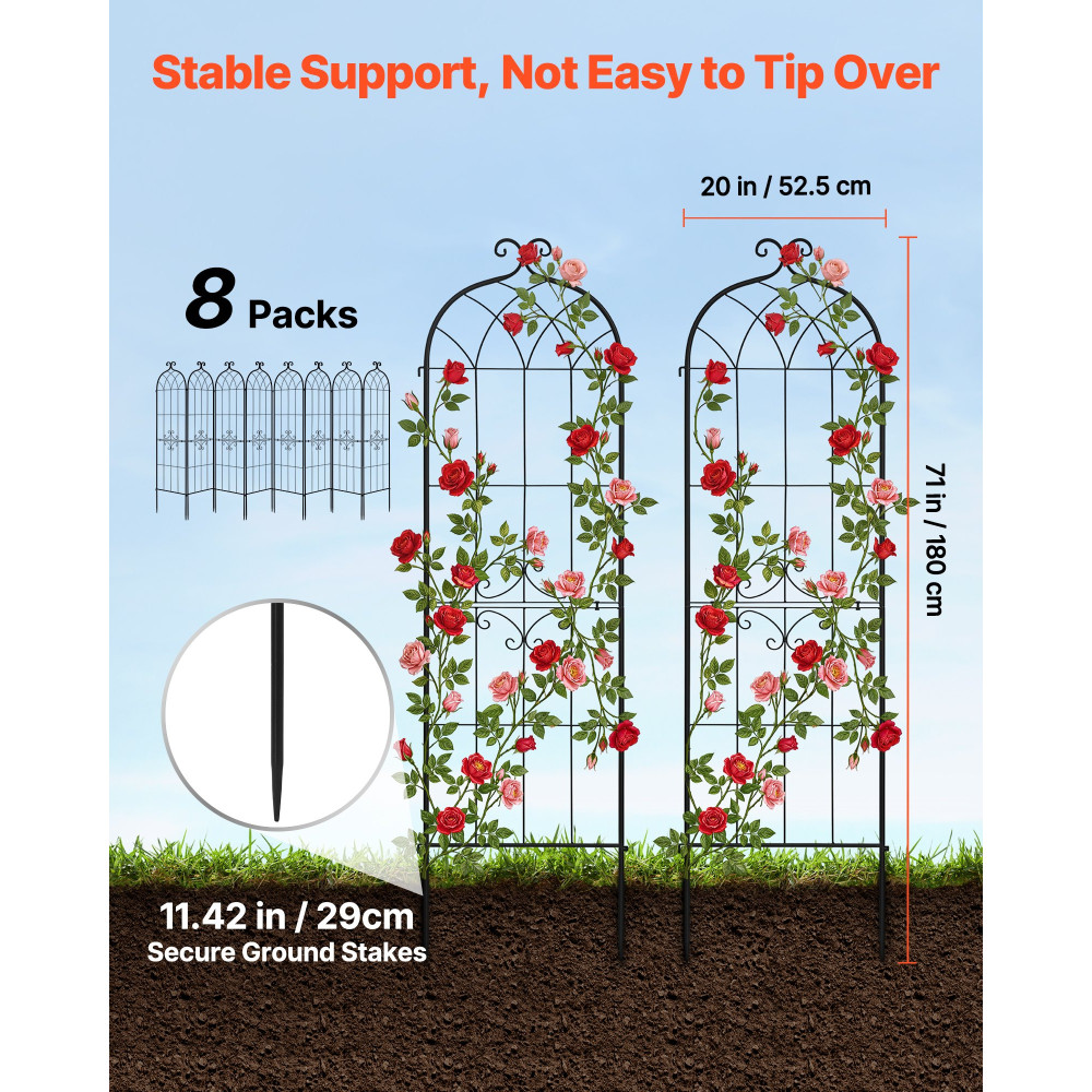 VEVOR Garden Trellis, 180 x 52,5 cm Rose Trellis, 8 Packs Garden Flower Rose Trellises with Powder-coated Finish & Convenient Locking Design, Plant Support Trellises for Flowers, Vegetables, Roses