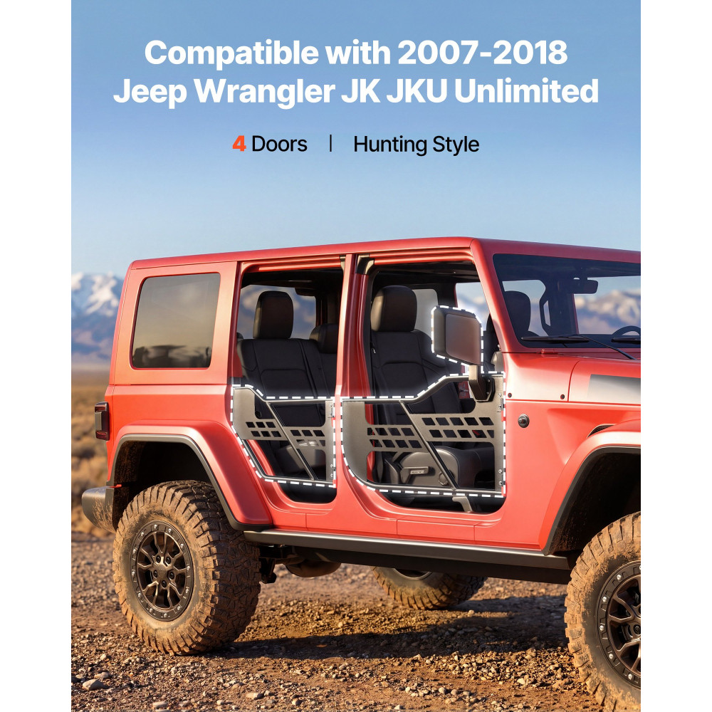 Πόρτες VEVOR Jeep Tube, 4-θυρες, συμβατές με Jeep Wrangler JK JKU Unlimited 2007-2018, μισές σωληνοειδείς πόρτες από χάλυβα εκτός δρόμου με πλευρική όψη με πιστοποίηση DOT, τσάντα αποθήκευσης και λαστιχένια μαξιλαράκια