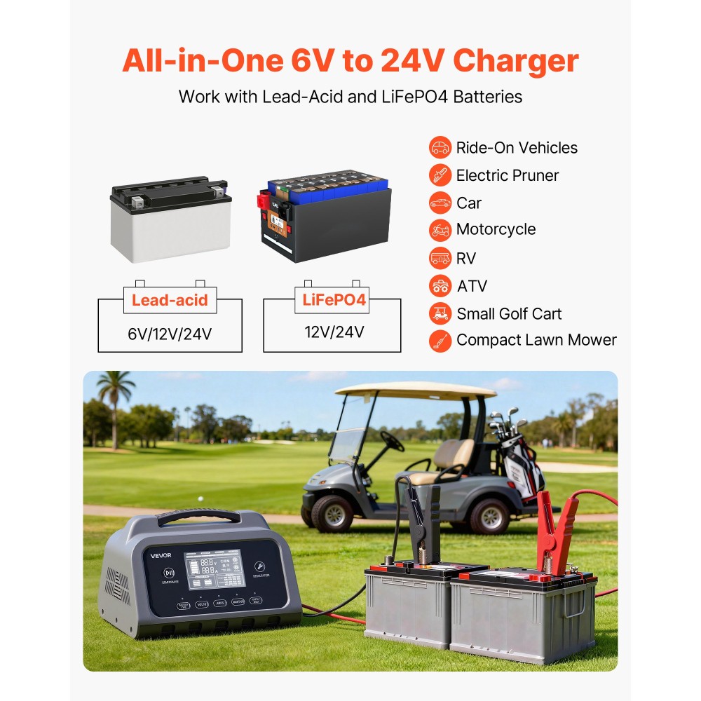 Φορτιστής μπαταριών VEVOR Smart Battery, 20A, 6V 12V 24V Lithium LiFePO4 Lead-Acid (Gel/AGM) Φορτιστής μπαταρίας αυτοκινήτου, με οθόνη LCD, αποθειωτήρας συντήρησης Trickle Charging, για Αυτοκίνητο, Σκάφος, Μοτοσικλέτα, Χλοοκοπτικά