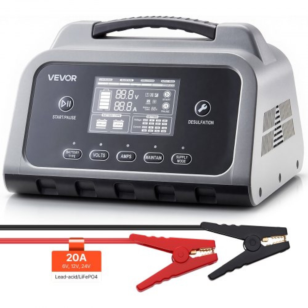 Φορτιστής μπαταριών VEVOR Smart Battery, 20A, 6V 12V 24V Lithium LiFePO4 Lead-Acid (Gel/AGM) Φορτιστής μπαταρίας αυτοκινήτου, με οθόνη LCD, αποθειωτήρας συντήρησης Trickle Charging, για Αυτοκίνητο, Σκάφος, Μοτοσικλέτα, Χλοοκοπτικά