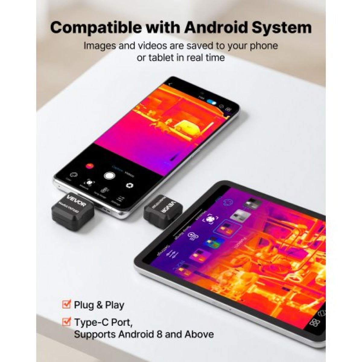 VEVOR Thermal Imaging Camera για Android, 320 x 240 TISR Super Resolution, 25HZ Rate Refresh Rate Infrared Thermal Imager for Smartphone Tablet, 160 x 120 IR Resolution, -20°C to 550°C & 15 Color Palettes