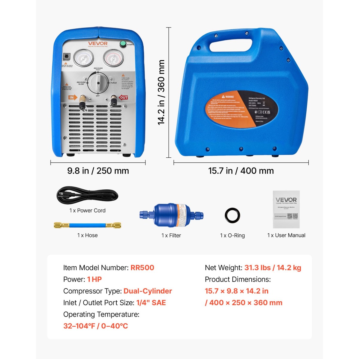 Φορητό μηχάνημα ανάκτησης ψυκτικού VEVOR, 1 HP 220-240V 50Hz Dual Cylinder AC Recovery Machine for Liquid Vapor Refrigerant, 1450 RPM Μονάδα Ανακύκλωσης HVAC για αυτοκίνητα και οικιακά συστήματα κλιματισμού