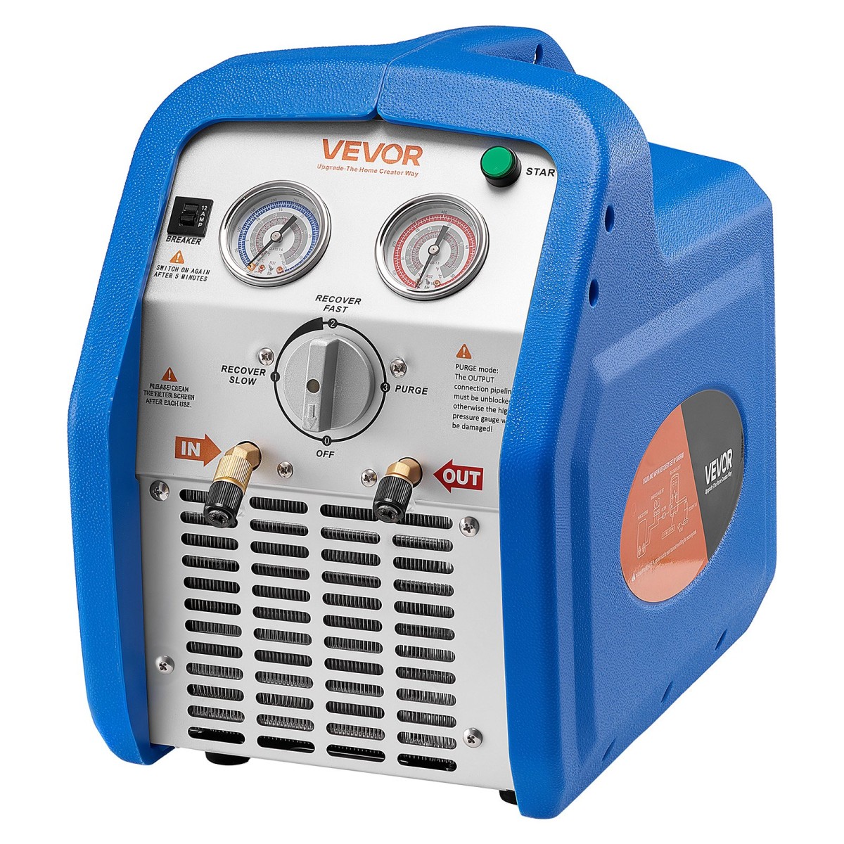 Φορητό μηχάνημα ανάκτησης ψυκτικού VEVOR, 1 HP 220-240V 50Hz Dual Cylinder AC Recovery Machine for Liquid Vapor Refrigerant, 1450 RPM Μονάδα Ανακύκλωσης HVAC για αυτοκίνητα και οικιακά συστήματα κλιματισμού