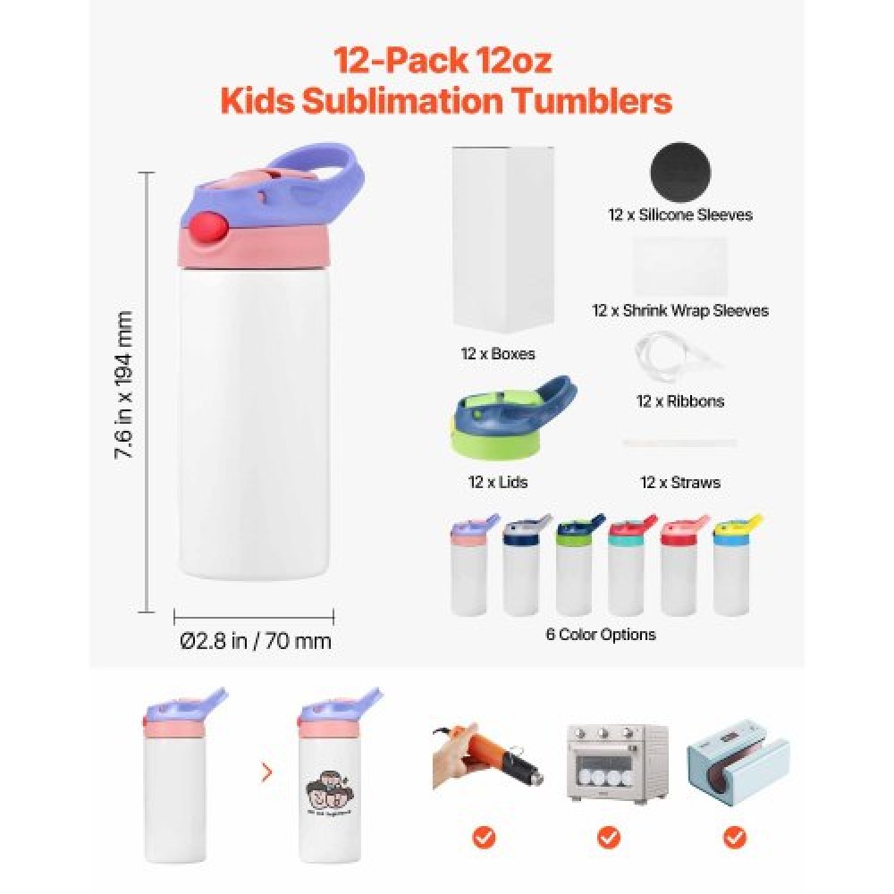 VEVOR Sublimation Tumblers, 12 Pack, 355mL Kids Sublimation Water Bottles, Food-Grade Stainless Steel Cups with Lids and Straws, Double Wall Insulated Tumbler Blank, for DIY Personalized Customization