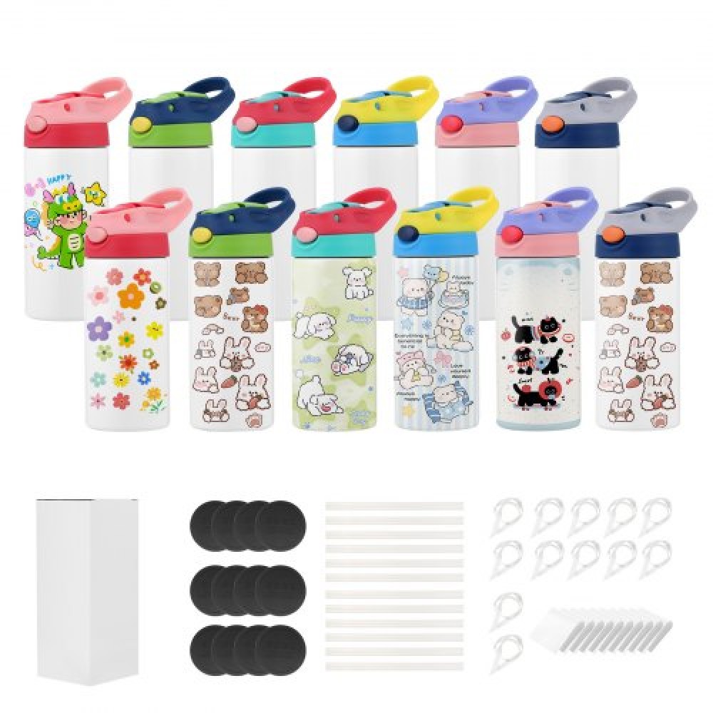 VEVOR Sublimation Tumblers, 12 Pack, 355mL Kids Sublimation Water Bottles, Food-Grade Stainless Steel Cups with Lids and Straws, Double Wall Insulated Tumbler Blank, for DIY Personalized Customization