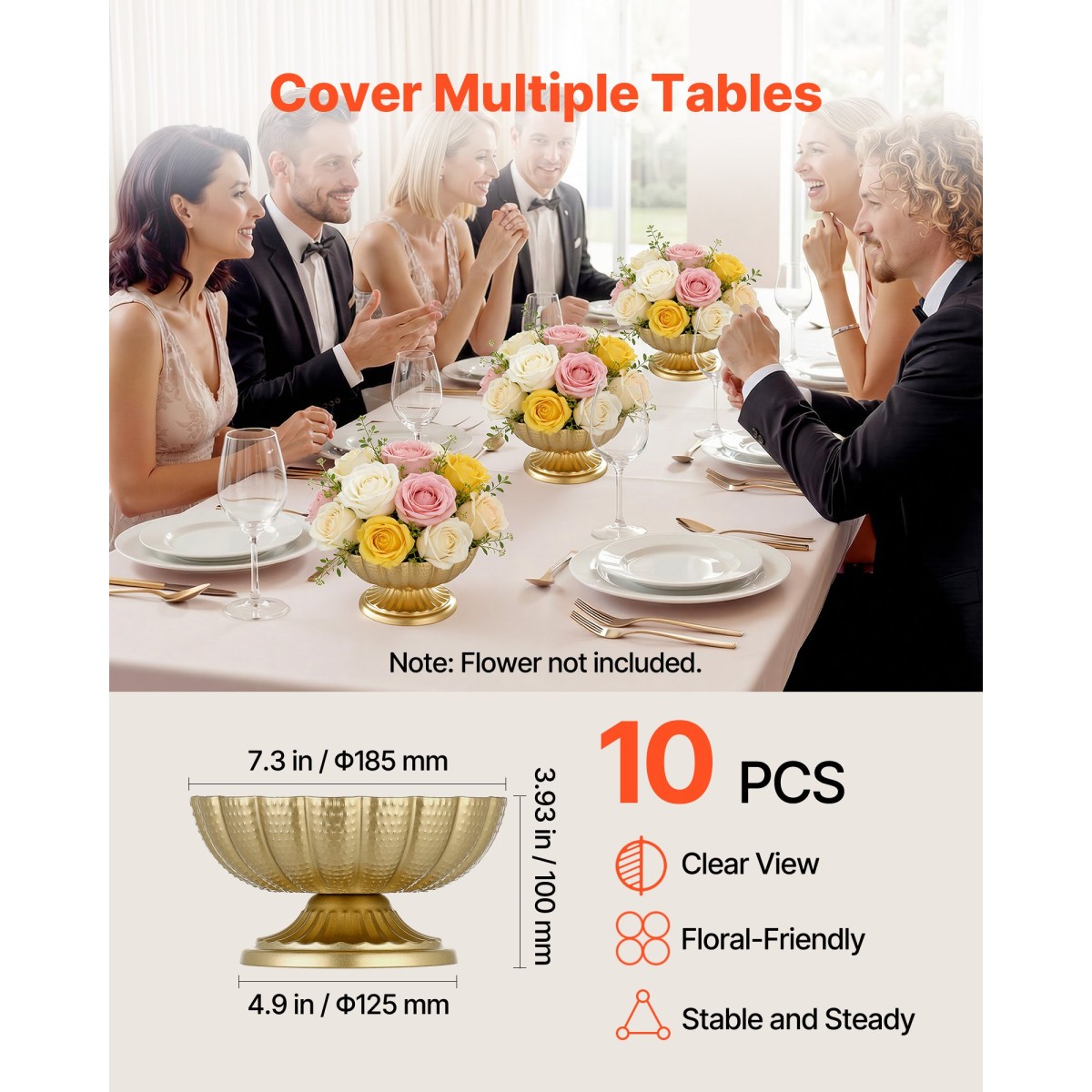 VEVOR 10 ΤΕΜ. Βάζο γάμου με λουλούδια, 12 εκ. ψηλό Mini Flower Table Centralpieces, Μικρό φλοράλ μπολ Διακοσμητικό Εύκολη τοποθέτηση, Βάση πολλαπλών χρήσεων για πάρτι Διακόσμηση σπιτιού, χρυσό