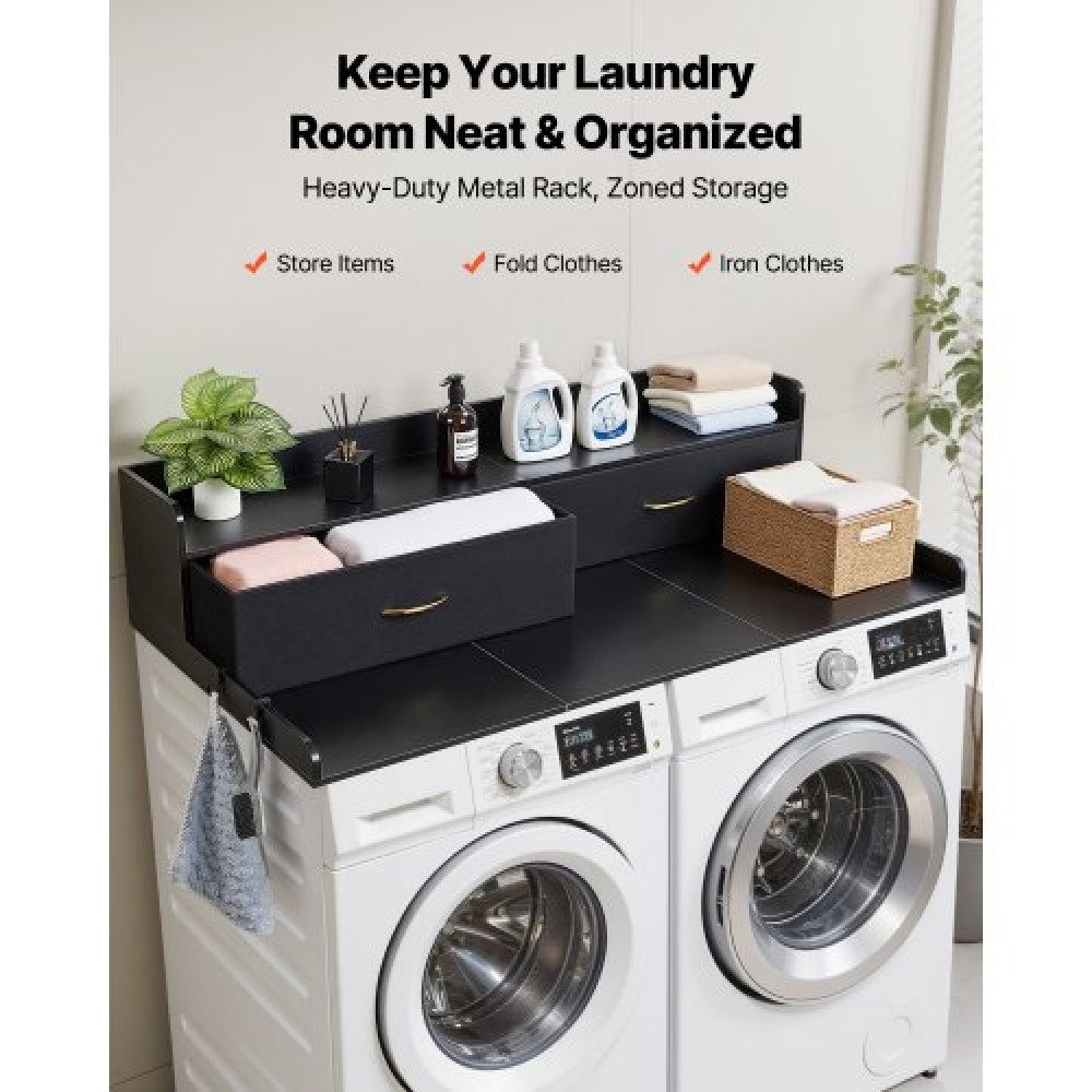 VEVOR Washer Dryer Countertop with Shelf, 137 x 69.9 cm Wooden Washer and Dryer Topper with 2 Drawers & Hooks, Laundry Machine Topper for Laundry Closet Pantry Counter Organization and Storage, Black