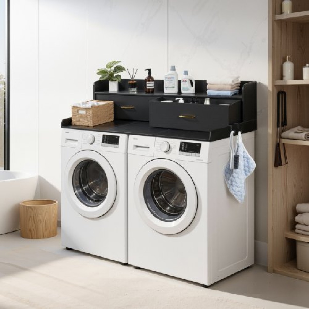 VEVOR Πλυντήριο Στεγνωτήριο Πάγκος με Ράφι, 137 x 69,9 cm Ξύλινο Πλυντήριο και Στεγνωτήριο με 2 Συρτάρια & Γάντζους, Επάνω μέρος Πλυντηρίου Πλυντηρίου για Ντουλάπα Πλυντηρίου Οργάνωση και Αποθήκευση Πάγκου, Μαύρο