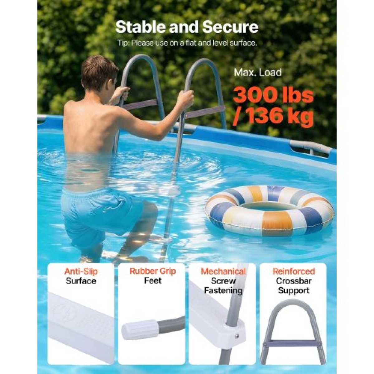 VEVOR Above Ground Pool Ladder, 4-Step Steel A-Frame Swimming Pool Swimming Swimming Pool 121,9 cm, Χωρητικότητα 136 kg Σκαλοπάτια εισόδου/εξόδου με ασφαλές αντιολισθητικό, ανθεκτικό φαρδύ σκαλοπάτι, εύκολη εγκατάσταση, γκρι & λευκό