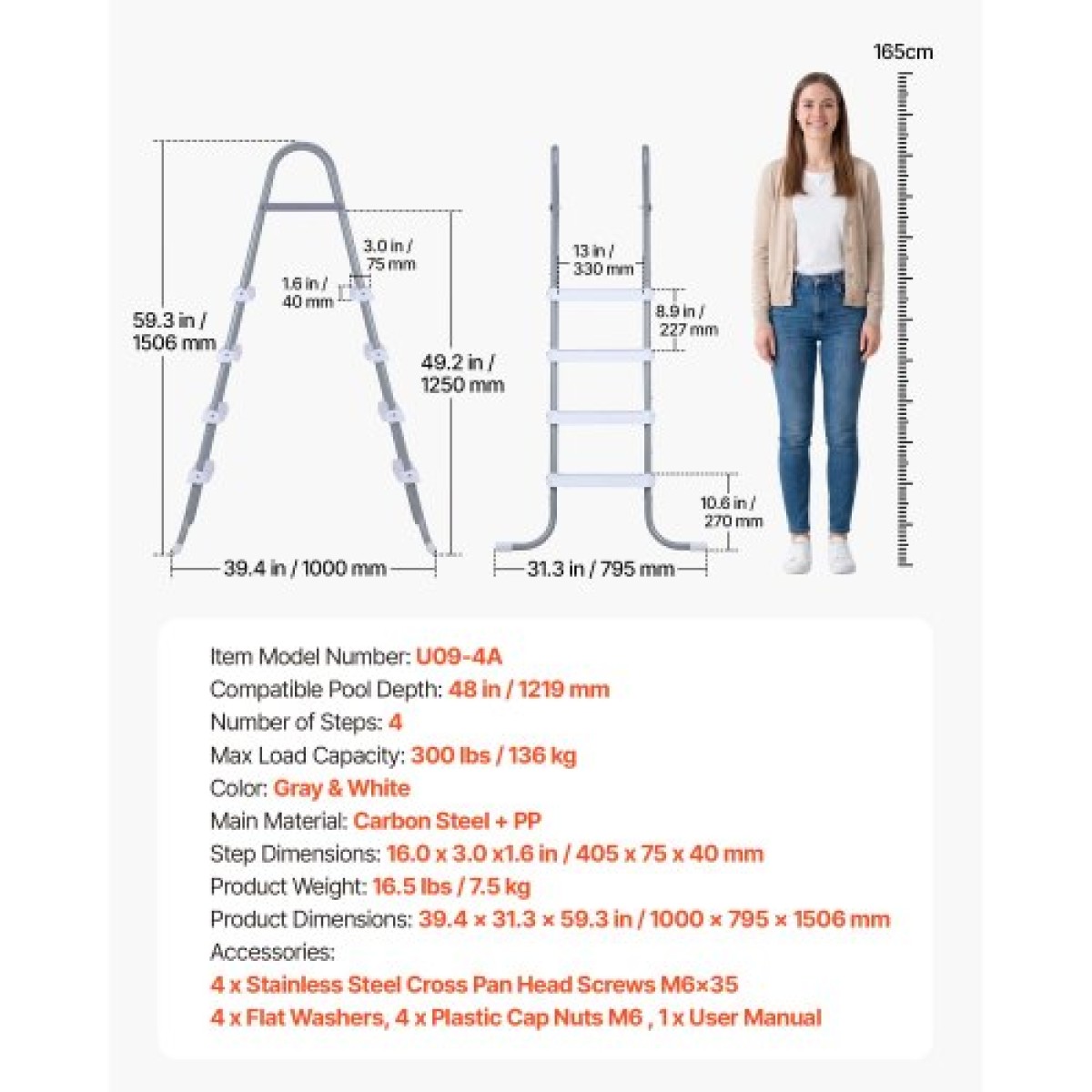 VEVOR Above Ground Pool Ladder, 4-Step Steel A-Frame Swimming Pool Swimming Swimming Pool 121,9 cm, Χωρητικότητα 136 kg Σκαλοπάτια εισόδου/εξόδου με ασφαλές αντιολισθητικό, ανθεκτικό φαρδύ σκαλοπάτι, εύκολη εγκατάσταση, γκρι & λευκό