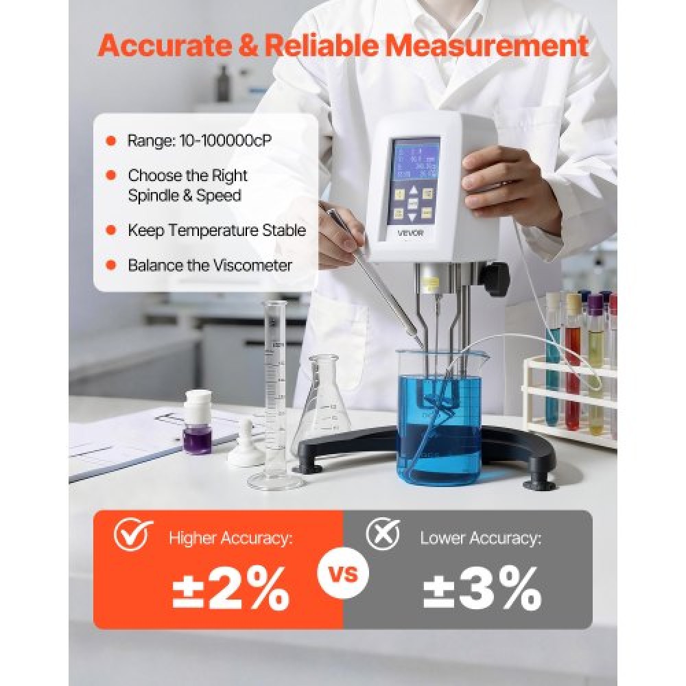 VEVOR Digital Rotary Viscometer, 10-100,000 mPa.s(cP), ±2% Accuracy, 100-240V Digital Rotational Viscosity Meter with 4 Rotors and Temperature Probe, LCD Display, Lab Viscometer for Fluid Testing
