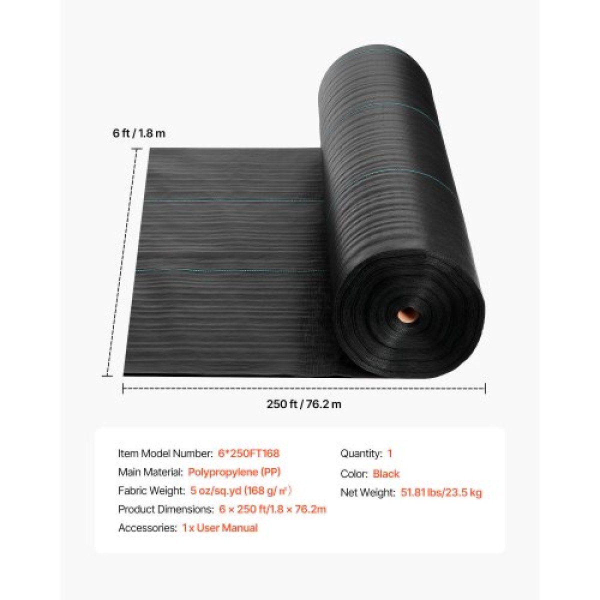 VEVOR Weed Barrier Fabric Heavy Duty, 1,8x76,2m 141,7g Landscape Fabric, Woven Weed Blocker Fabrics, Garden Fabrics Weeds Barrier, Weeds Control Ground Cover, Geotextile Webbing, Gardening Mat, Μαύρο