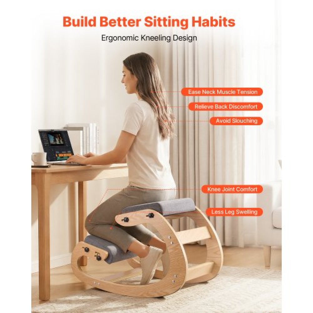 VEVOR Ergonomic Kneeling Chair, Wooden Posture Knee Chair with Adjustable Thick Foam Cushions & Solid Wood Frame, Adjustable Height, Relief for Neck or Back Pain for Home, Office or Meditation, Gray