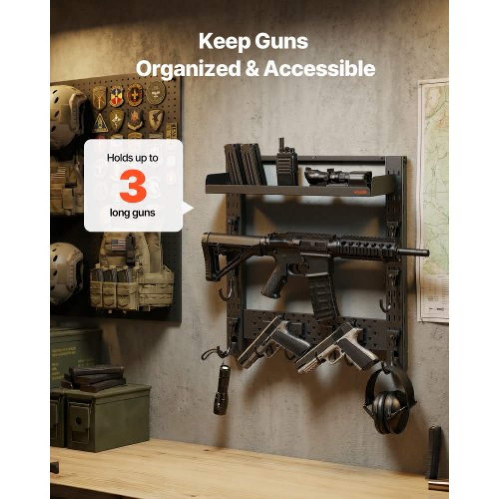 VEVOR Gun Rack Wall Mount, Heavy Duty Steel, Indoor Rifle Shotgun Rack with J-Hooks, Additional Tray Storage, Gun Accessories Display Storage Holder, Hold Up to 3 Rifles or Shotguns, for Tactical Gear