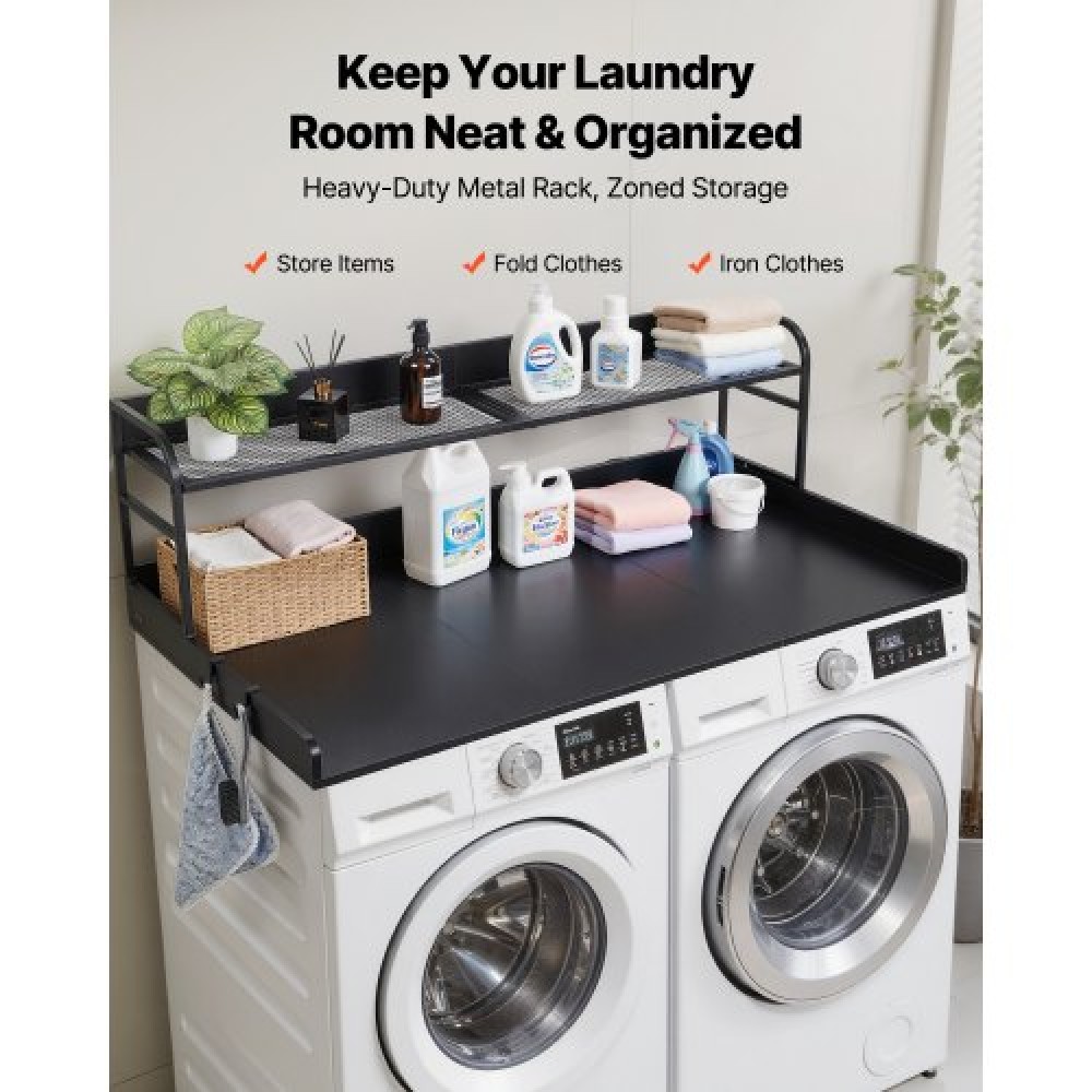 VEVOR Washer Dryer Countertop with Shelf, 137 x 69.9 cm Wooden Washer and Dryer Topper with Edge and 2 Hooks, Laundry Machine Topper for Laundry Closet Pantry Counter Organization and Storage, Black